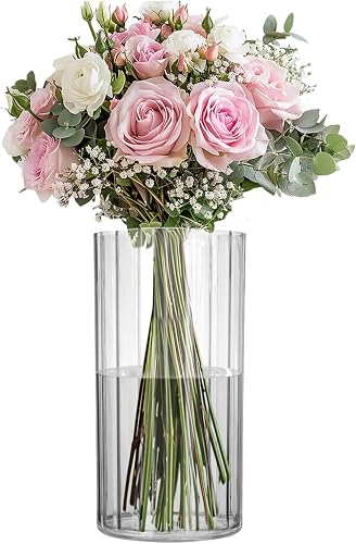 Flower Vase Acrylic Cylinder,7.86" Tall Ribbed Clear Vase for Centerpieces,Wedding Decorative,Home Décor, Non Breakable Plastic, 3.94"X7.86" Tall Round - Clear