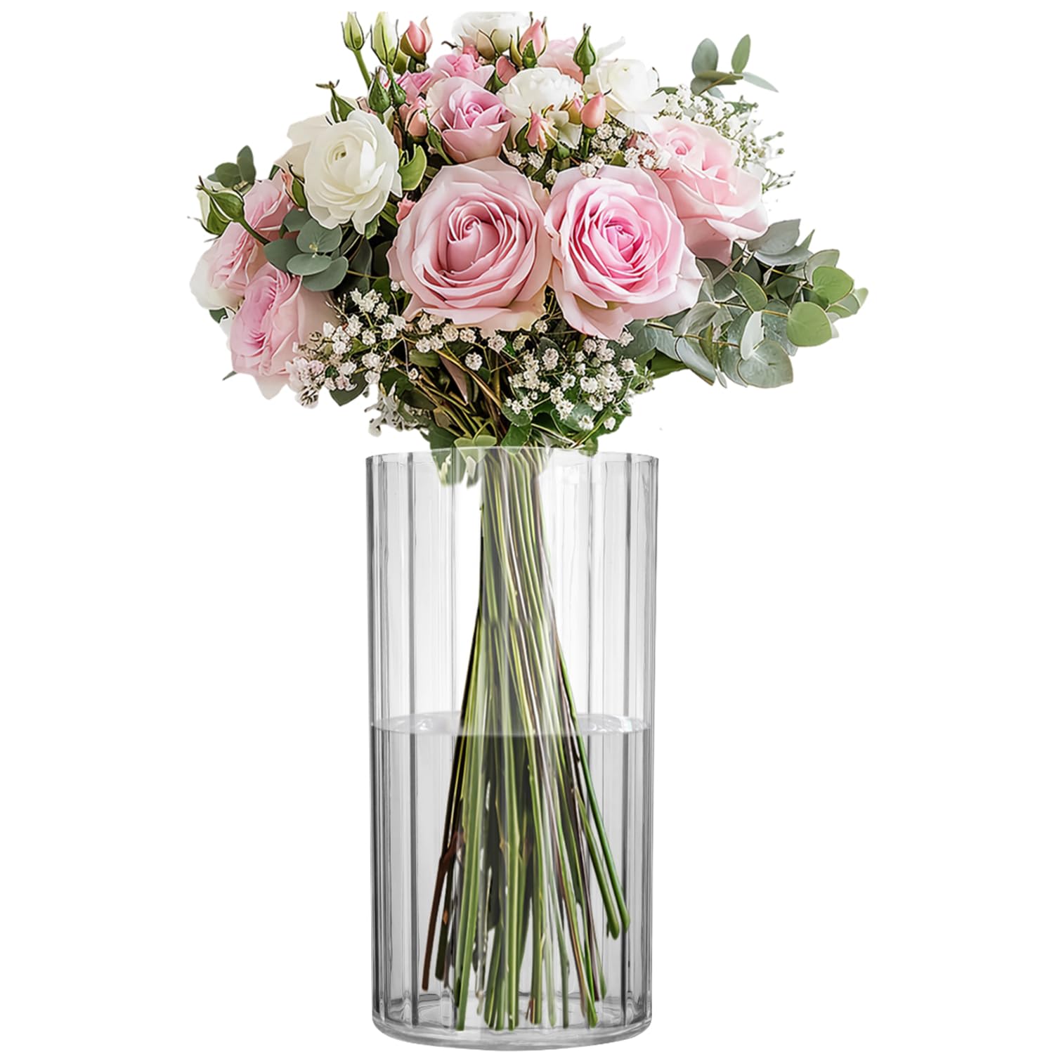 Flower Vase Acrylic Cylinder,7.86" Tall Ribbed Clear Vase for Centerpieces,Wedding Decorative,Home Décor, Non Breakable Plastic, 3.94"X7.86" Tall