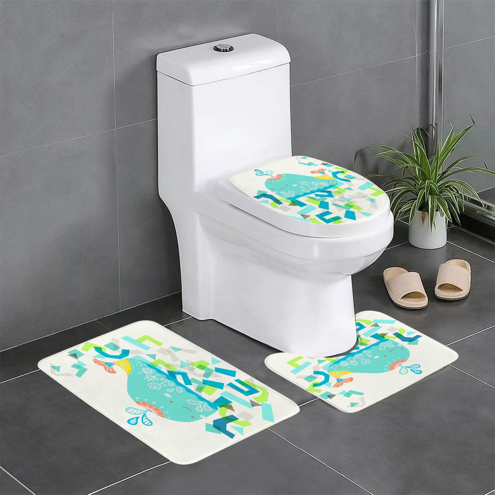 Set di 3 tappetini da Bagno, Lavabili in Lavatrice e Antiscivolo, in Morbida Fibra Superfine, con Decorazione a Balena e Simpatici Motivi Geometrici.