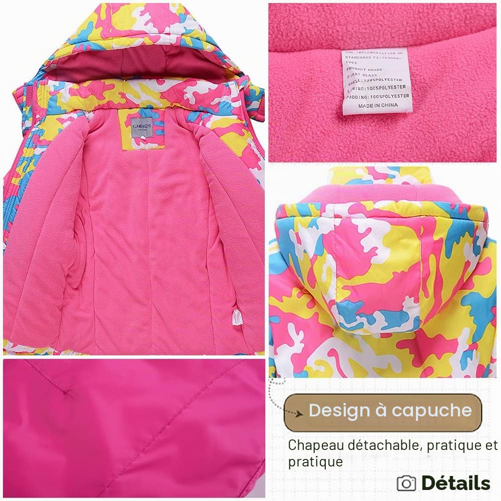 Combinaison de ski Enfant Garçon Fille Ensemble 2pcs Veste de ski + Salopette Pantalon Tenue de ski Imperméable Coupe-vent Vêtements de Neige, Rose, 7-8 ans