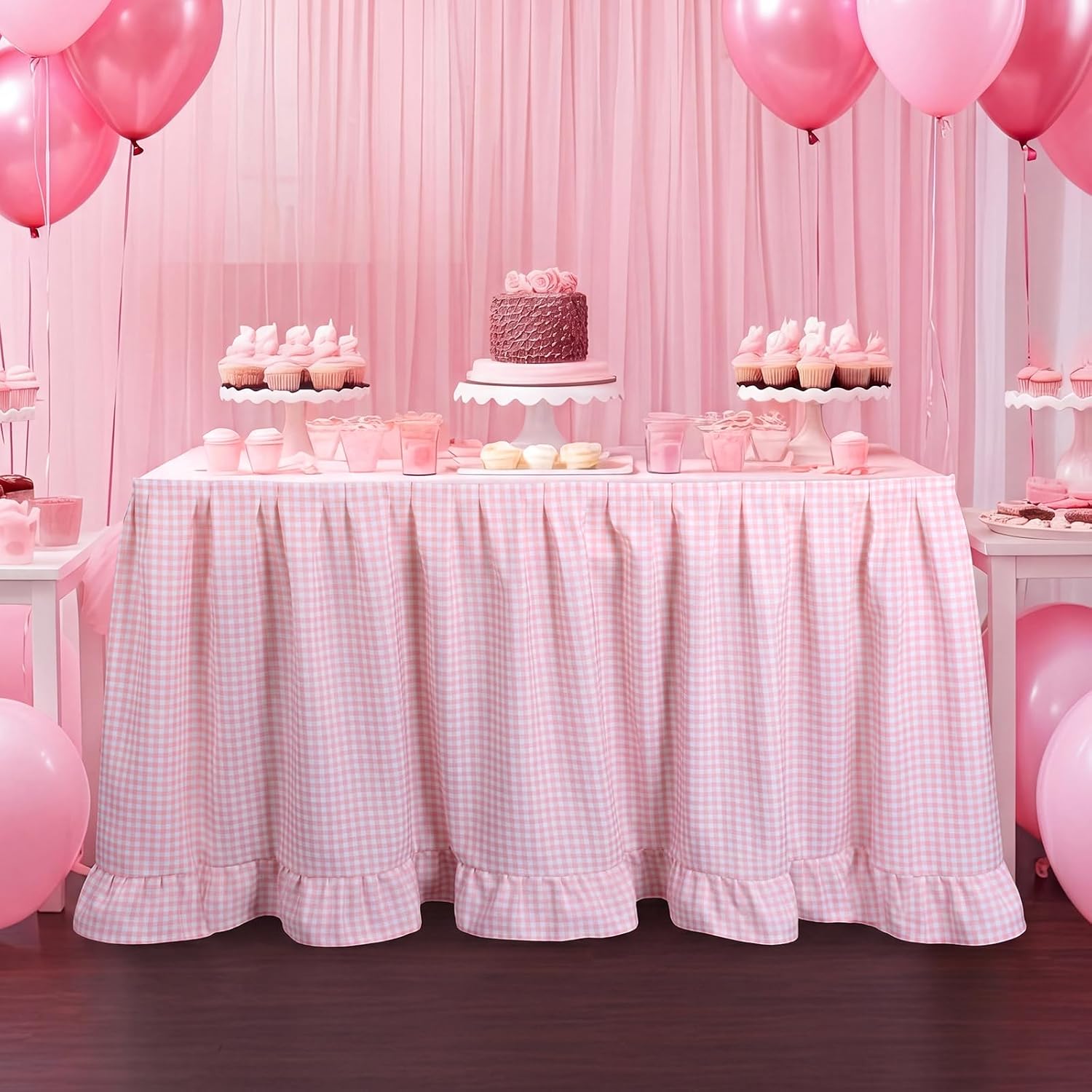 Flutesan 14ft Pink Gingham Table Skirt for Rectangle Tables Fabric Rustic Ruffle Desk Skirt with Hook and Loop Back to School Desk Decor for Princess Birthday Party Weddings Trade Shows Dessert