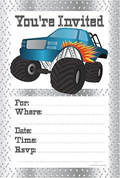 Monster Truck Birthday Party Invitations - Fill in Style 20 Count with Envelopes by m&h invites