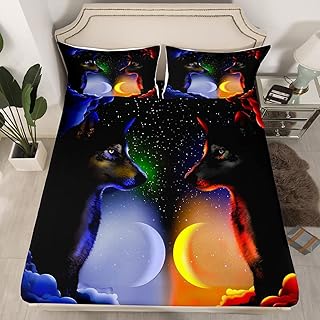 Wolf Bedding Set for Kids Girls Boys Men Galaxy Wolf Fitted Sheet Wildlife Safari Animal Bed Sheet Set Red Blue Decorative Moon Starry Sky Bed Cover No Flat Sheet Full Size 3Pcs