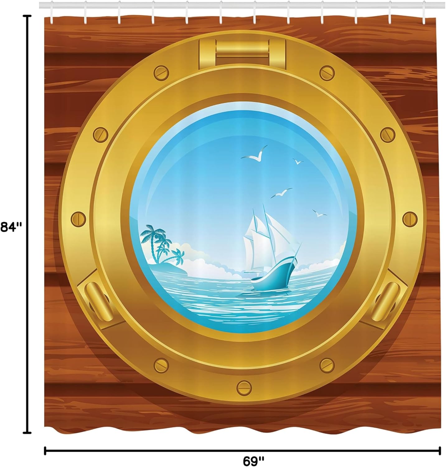 Ambesonne Nautical Shower Curtain, Brass Porthole on a Wooden Penal Palm Trees Island Birds Marine, Cloth Fabric Bathroom Decor Set with Hooks, 69" W x 84" L, Earth Yellow Pale Blue