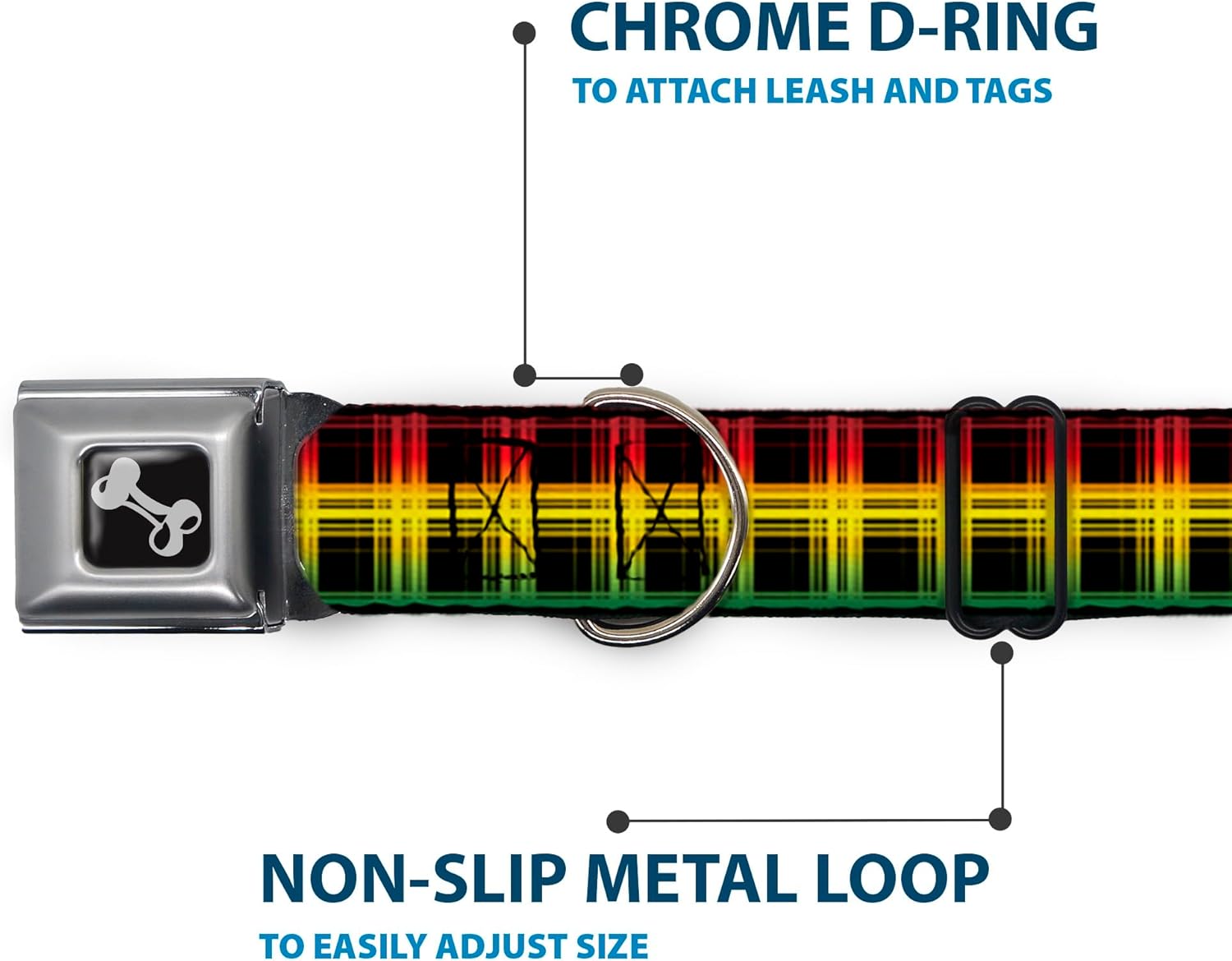 Buckle-Down Seatbelt Buckle Dog Collar - Plaid Black/Rasta - 1" Wide - Fits 15-26" Neck - Large