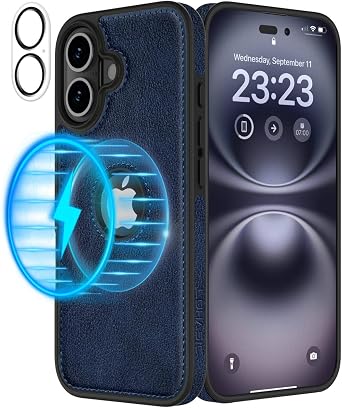 LOHASIC for iPhone 16 Case Leather Soft Magnetic Cover Compatible with MagSafe Accessories, Logo Cutout, Classic Minimalist Designer i Phone 16 Case for Men Women, Navy Blue