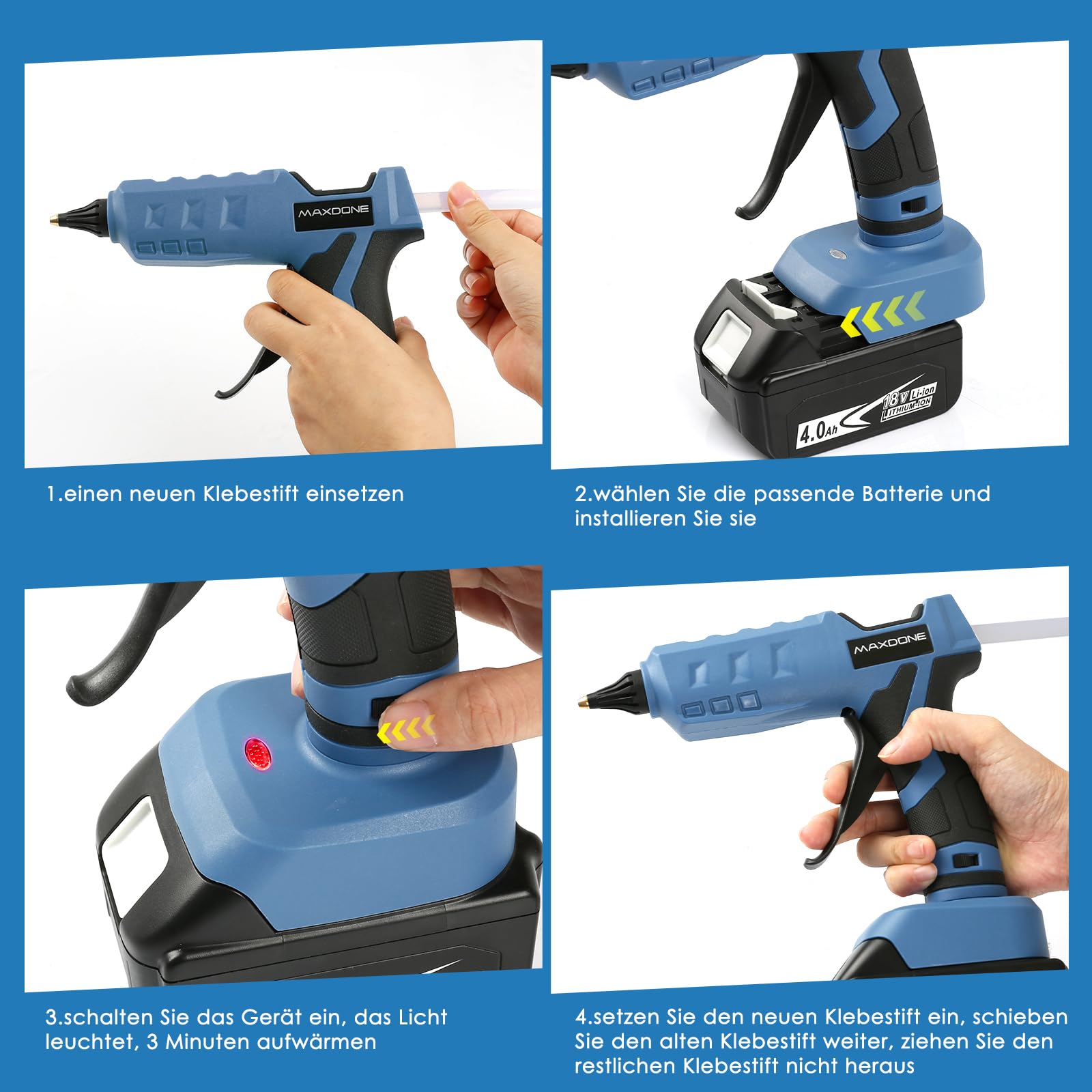 Heißklebepistole Klebepistole 100W Akku-Heißklebepistole, Kompatibel mit Makita-Akku 18V Bastelwerkzeug mit Klebesticks, für Heimwerken, 11mm Sticks (ohne Werkzeug, ohne Batterie, ohne Ladegerät)