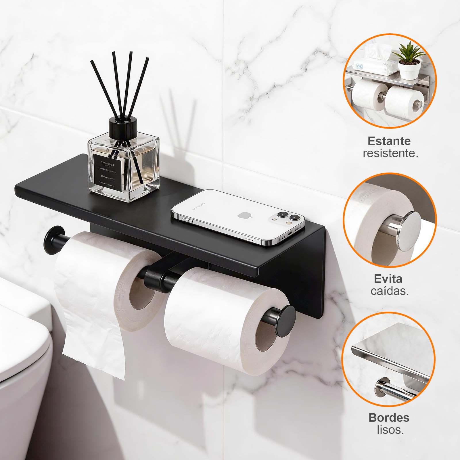 Ibergrif Portarrollos de Papel Higiénico Doble con Estante, Soporte Papel Higiénico de Acero Inoxidable para Pared, Instalación Adhesiva o con Taladro, Portarrollos para Baño o Cocina, Negro — view 3