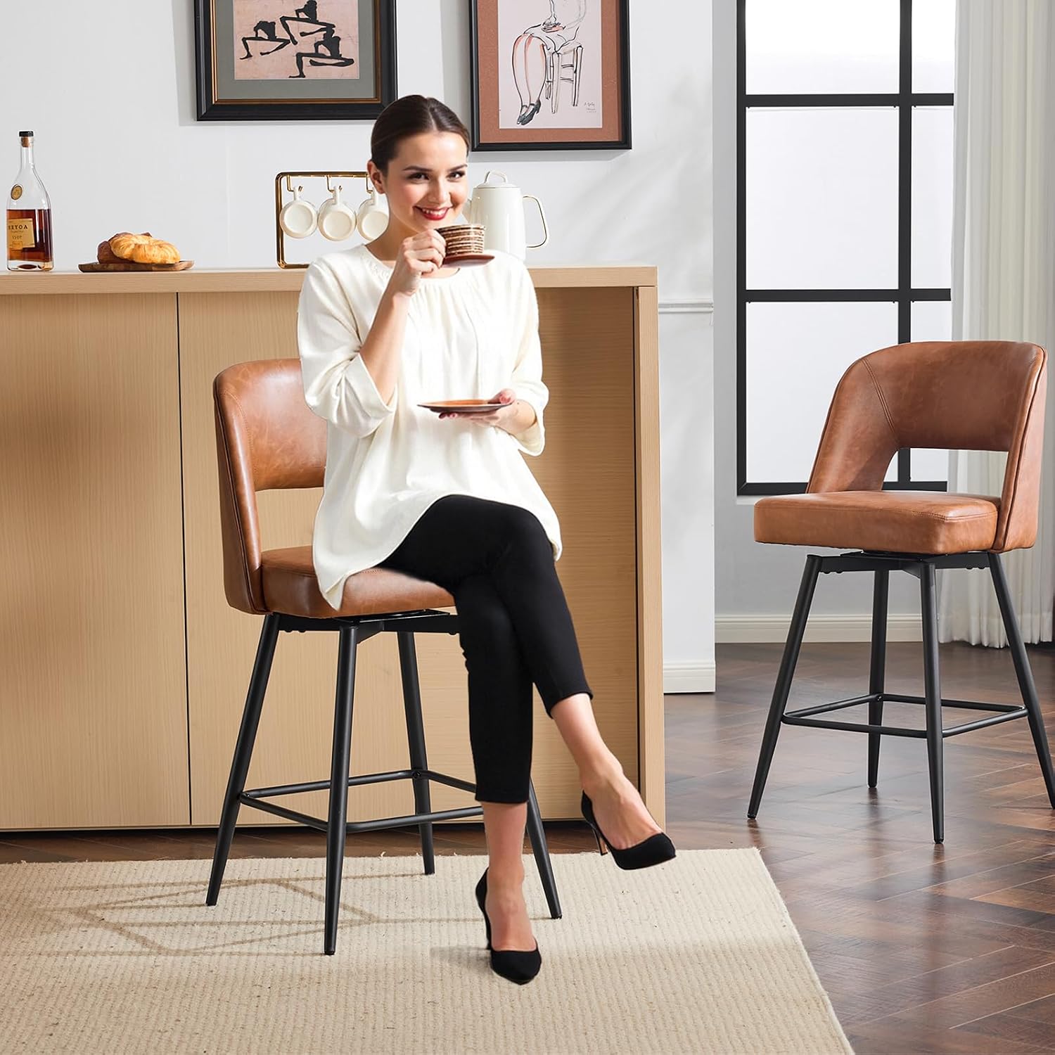VINGLI Bar Stools Set of 2, Upholstered Barstools with Hollow Backs, Metal Legs, PU Faux Leather Modern Bar Stool Chairs for Kitchen Island, Outdoor Bar Stools, Brown