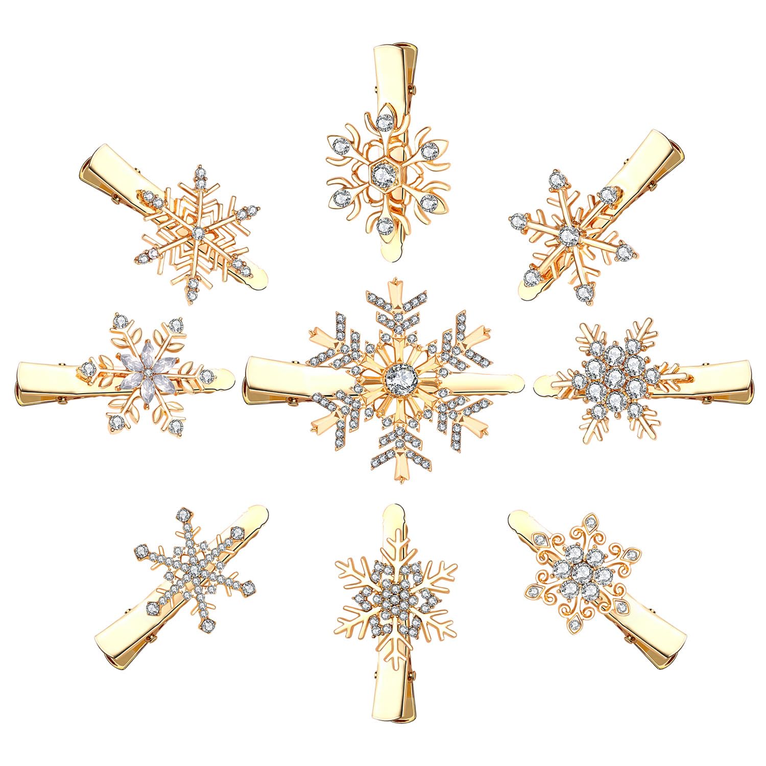 9PCS Snowflake Hair Clips for Women Christmas Hair Accessory Crystal Xmas Hairpins Cute Snowflake Holiday Hair Barrettes Christmas Outfits Party Accessories Jewelry Gifts (Gold)