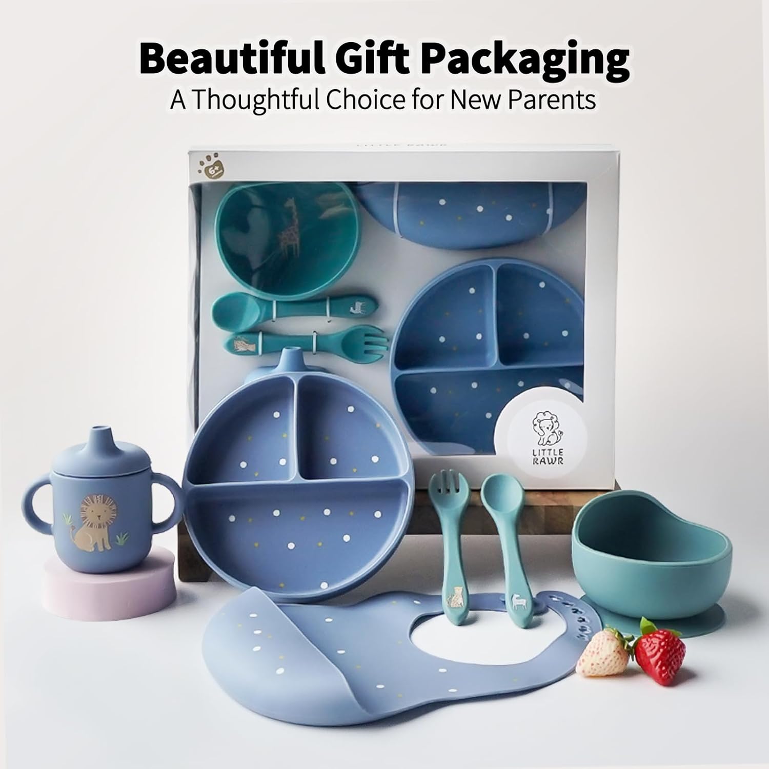 Little Rawr Baby Led Weaning Bundle, 100% Silicone Baby Feeding Set Includes Divided Plate, Suction Bowl, Straw Cup, Bib, Spoon & Fork, Develops Self Feeding Skills, Dishwasher Safe (Blue) - Image 7