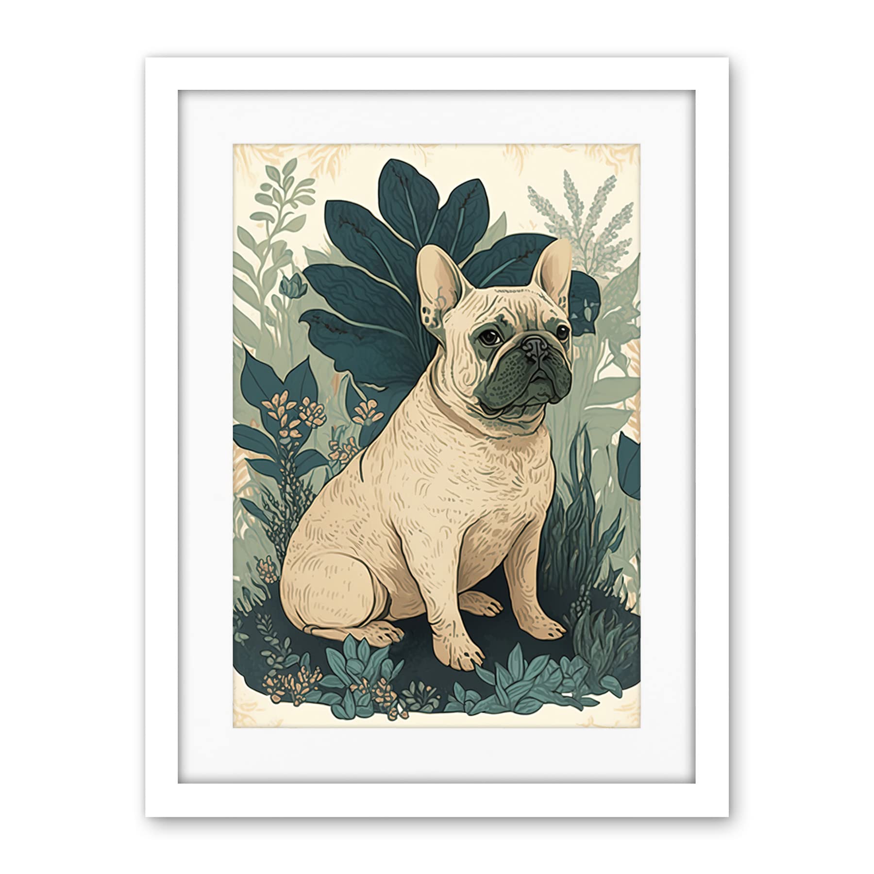 Artery8 French Bulldog and Tropical Plants Modern Pastel Colour Boho Illustration Artwork Framed Wall Art Print 18X24 Inch