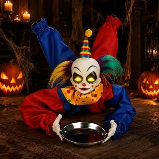 Halloween Animatronic Ghost Girl Prop w/Candy Tray, Scary Clown Figure Equipped w/LED Light-Up Eyes&Spooky Sound Effects, Ideal for Trick or Treat, Table Top Party (Battery NOT Included)
