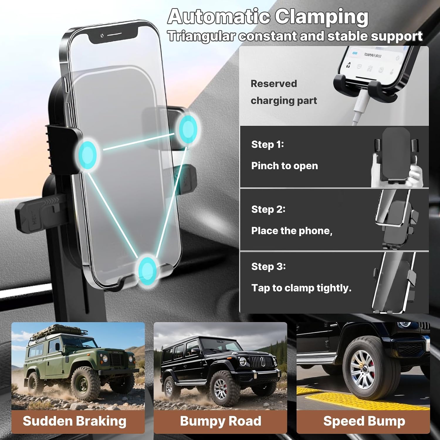 Universal Car Phone Holder Mount, 2026 Upgrade 360 Degree Rotation Multifunctional Phone Clip Design, Dashboard Cell Phone Stand for 4 to 7" Smartphones (Black)