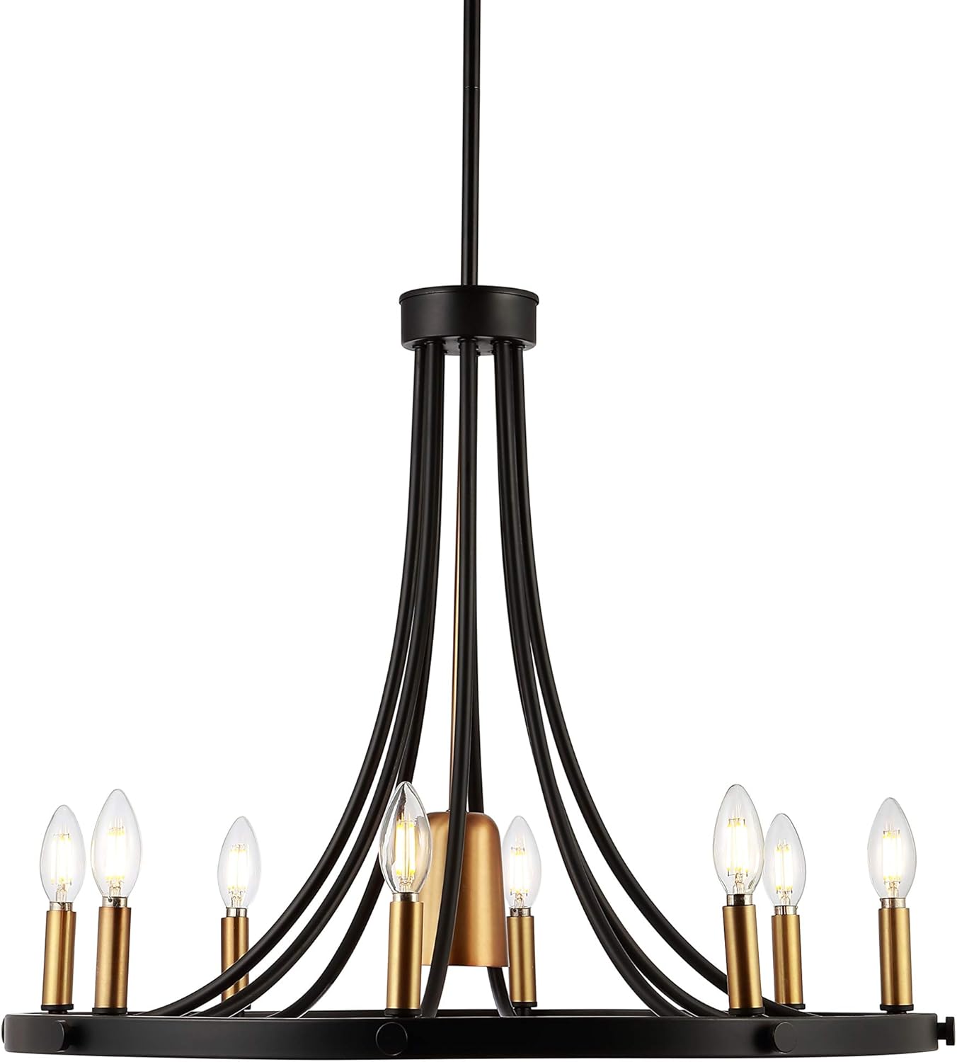 JONATHAN Y 26.75" Black/Brass Gold 9-Light Modern Wagon Wheel LED Chandelier, Iron Farmhouse Pendant Light for Dining Room Kitchen, Adjustable Hanging Ceiling Fixture JYL7506A