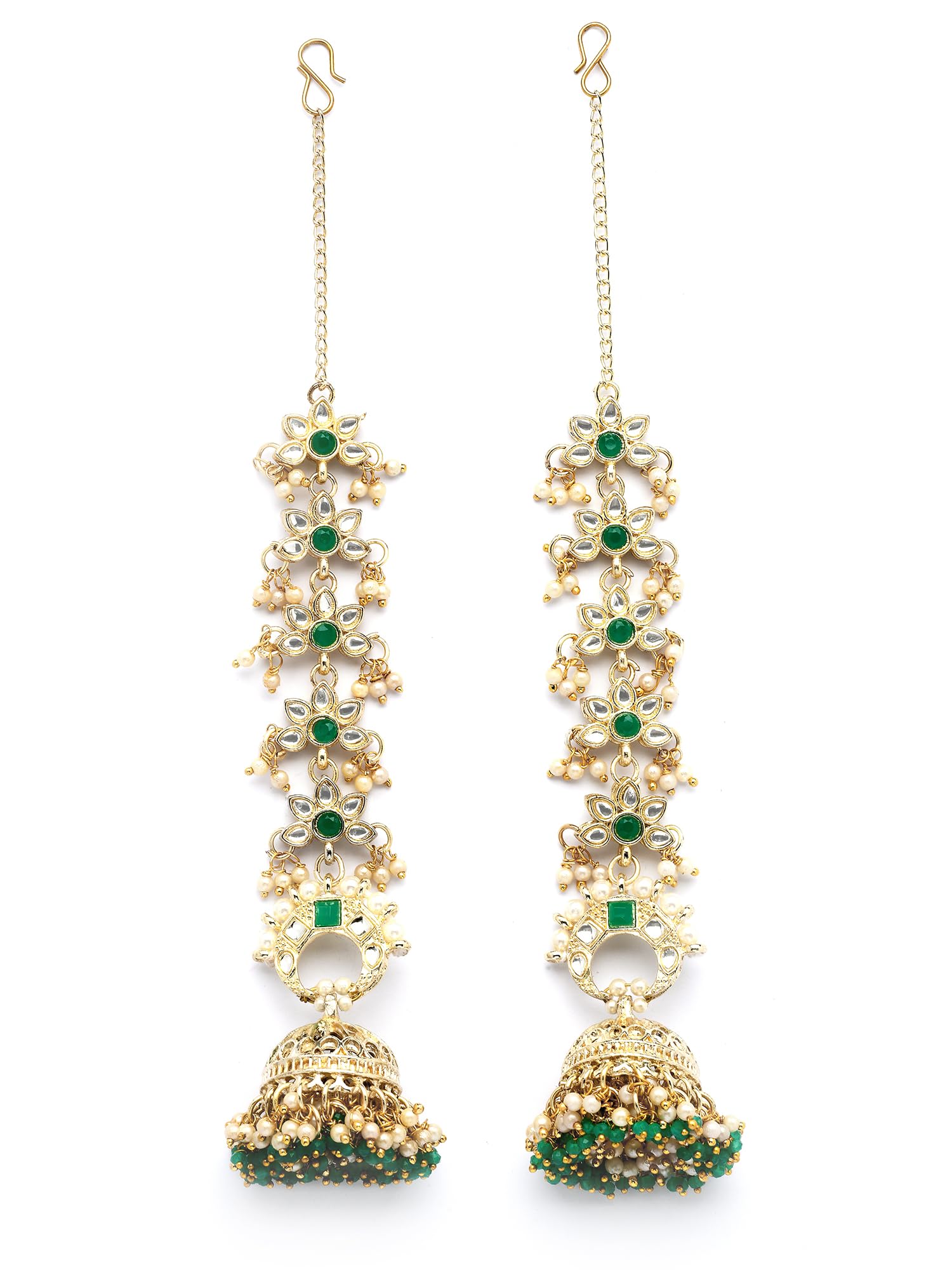 Ethnic Gold-Plated Green Crystal Kundan Long Kaanchain Jhumka Earrings for Women-image-45