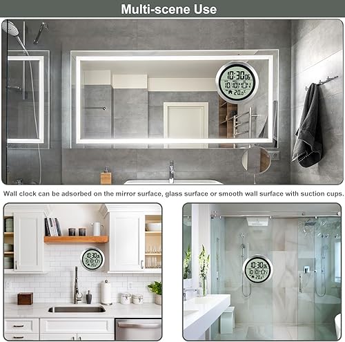 Miniatura 5 de Reloj de pared digital impermeable para baño, reloj de pared interior con ventosa, marco de plástico, opción flexible para colgar o estar de pie,