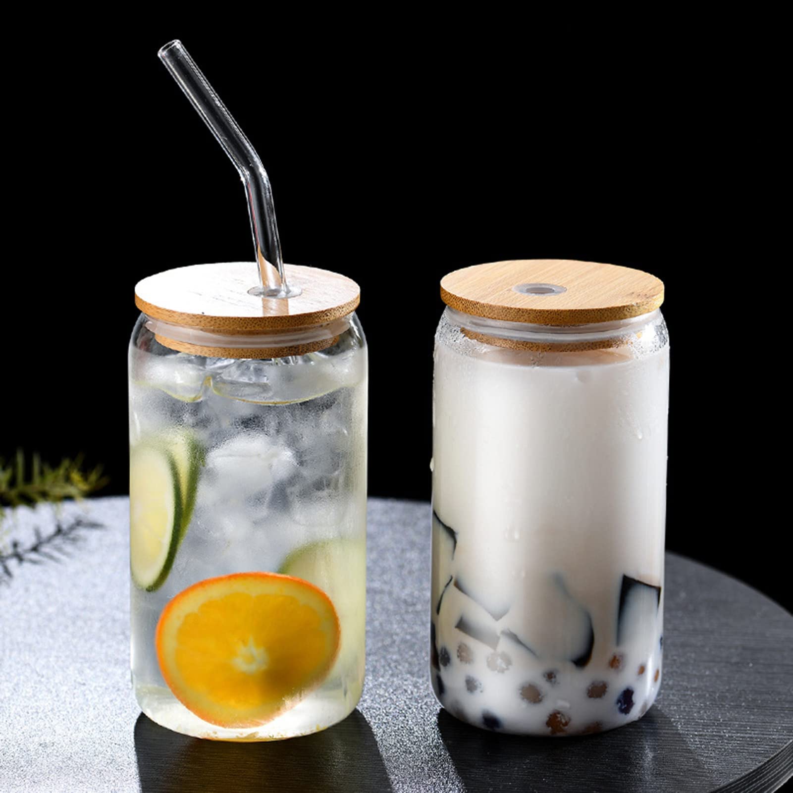HEFTMAN Bicchieri di vetro con coperchi e cannucce - Confezione da 2 bicchieri vuoti da 600 ml a forma di lattina con coperchi ermetici in bambù, cannucce di vetro e spazzolino per