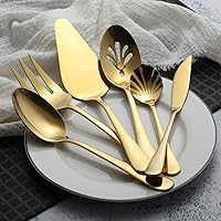 Vista 2 de Berglander Juego de cubiertos de acero inoxidable chapado en titanio dorado, 6 piezas, 5 piezas de 45 piezas de cubiertos con 1 servidor de pastel