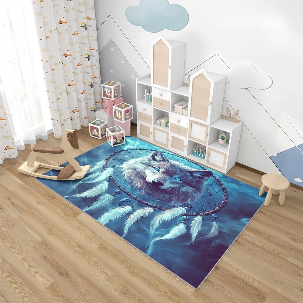 Generisch Teppich rutschfeste für Wohnzimmer Kinderzimmer, TraumfäNger Mit Wolfskopf Dekorteppich für Spielzimmer Esszimmer - Blau Kurzflor Flanell Teppiche Pflegeleicht Waschbare 80x150 cm