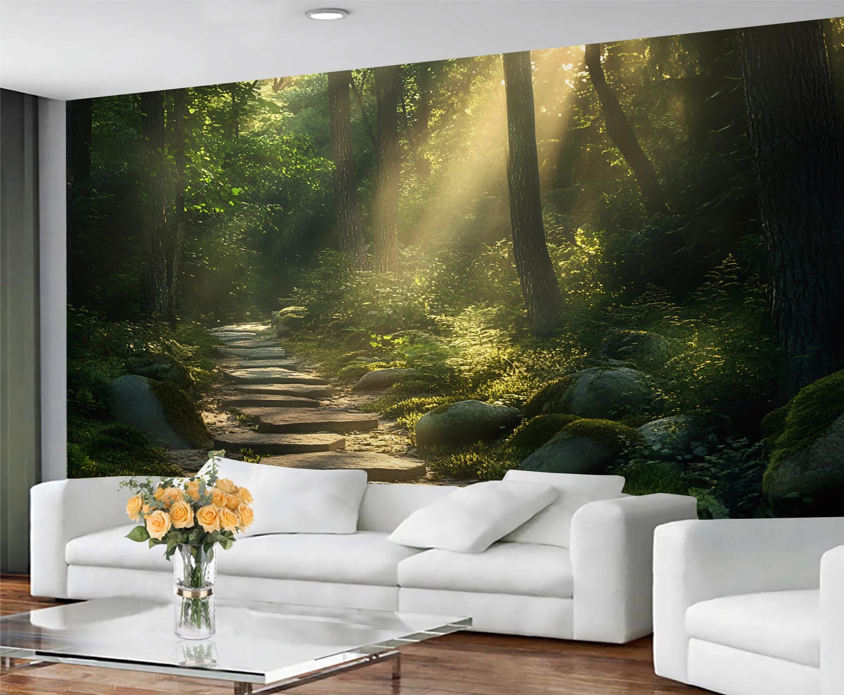 GIVLWF Wallpaper Forest Home Decor & Wall Mural, Sunlit Woods Bedroom Wallpaper, Mossy Rocks Wall Paper for Living Room, Enchanted Nature Large Mural - Not Self-Adhesive