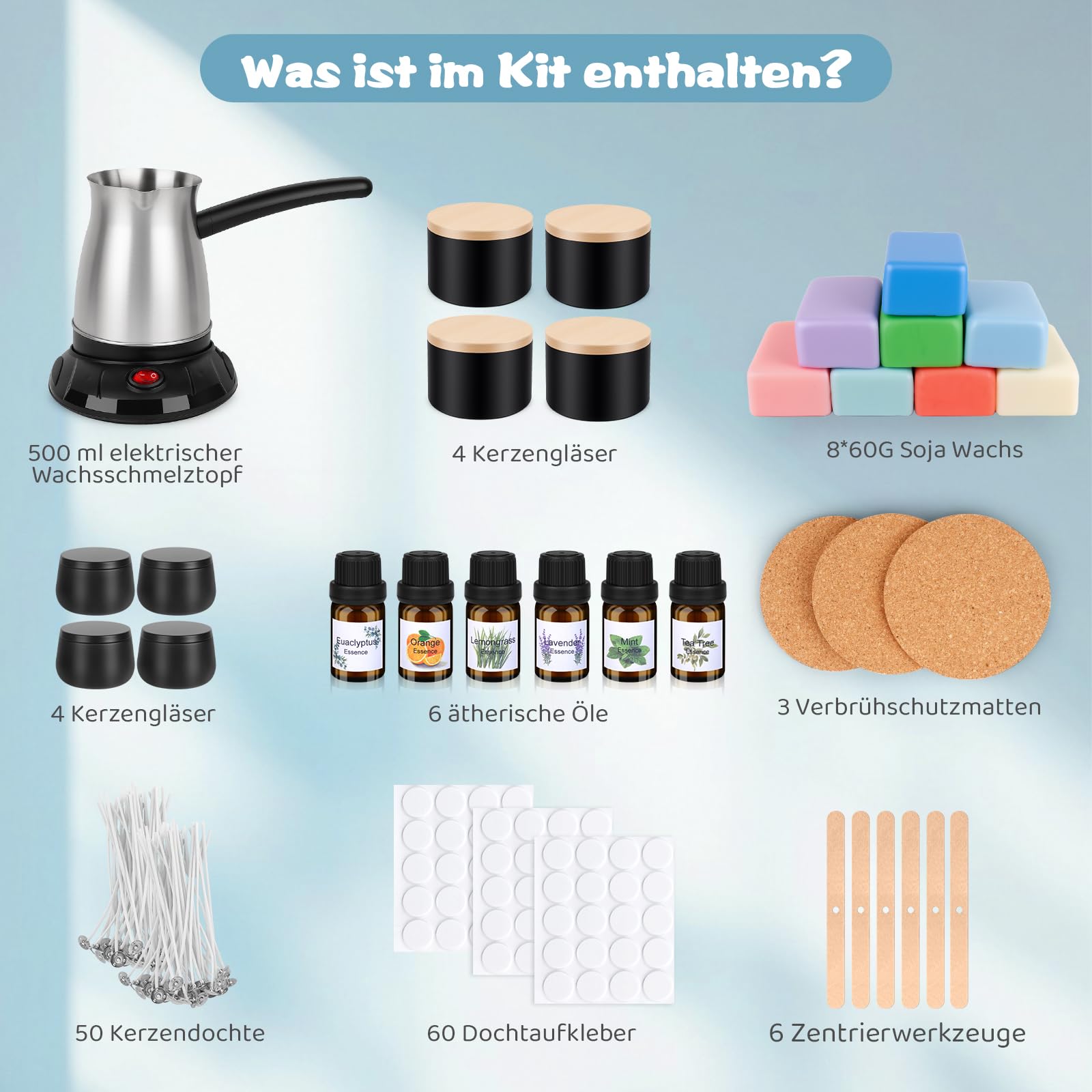 Kerzen Selber Machen Set, Elektrischer Wachsschmelzer, 480g Farben Natürliches Sojawachs, Kerzenherstellung Kit für Erwachsene Zubehör mit Kerzendosen, Duftöl, Kerzendochte Dochthalter Dochtaufkleber