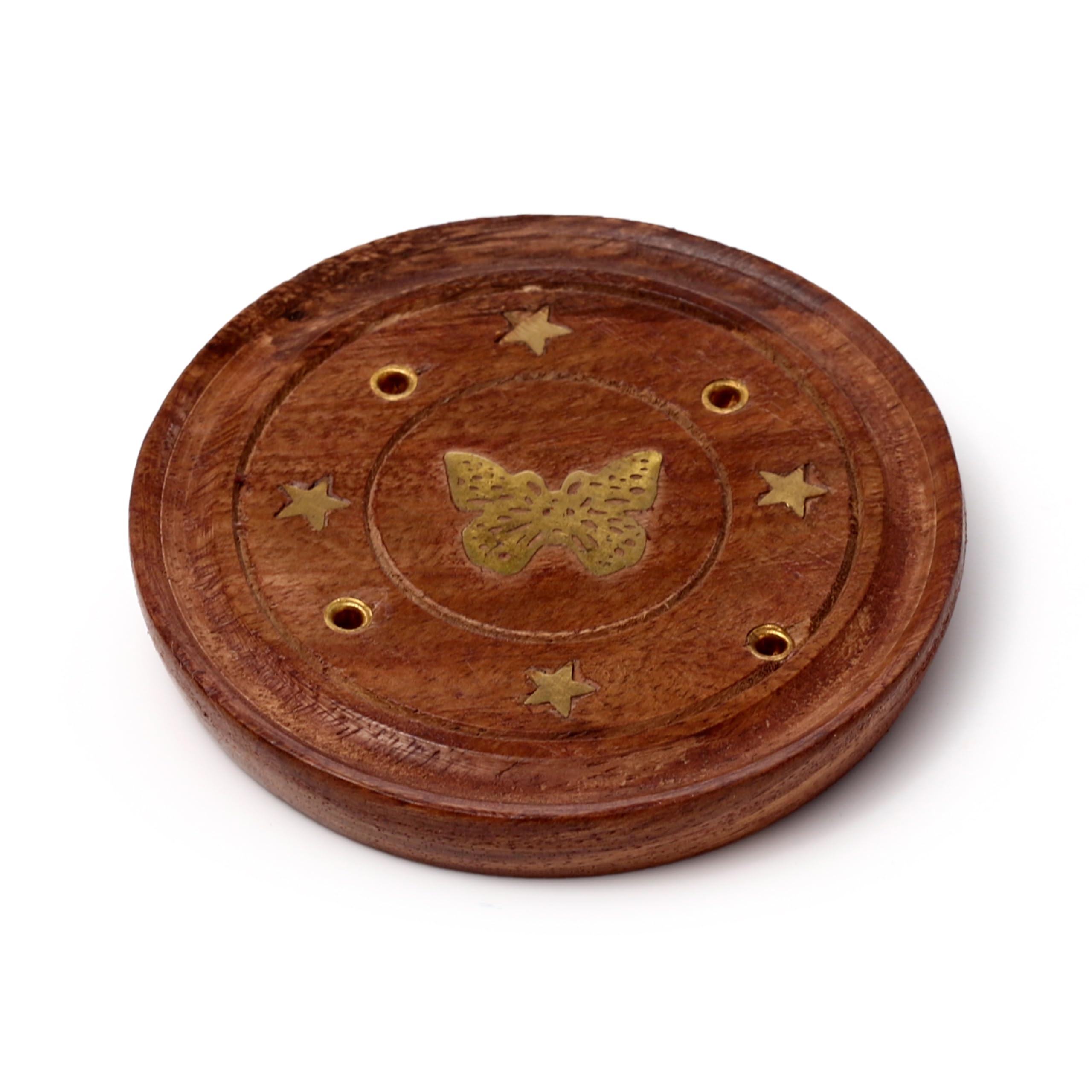 Puckator Brown Sheesham Wood Round Ashcatcher Incence Burner With Butterfly Inlay - Zen Spiritual Modern Gothic Home Room Decor Decorations - Meditation Accessories Stick Sticks Cone Holder Burner Burners
