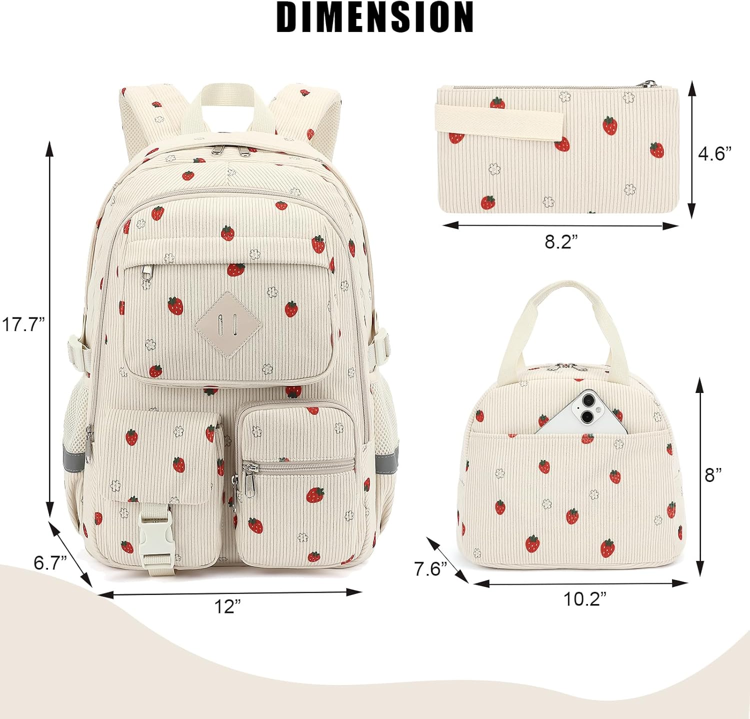 Corduroy School Backpack for Girls Boys, Kids Teens School Bookbags Schoolbag Set with Lunch Box Pencil Bag (Corduroy Pink Strawberry)