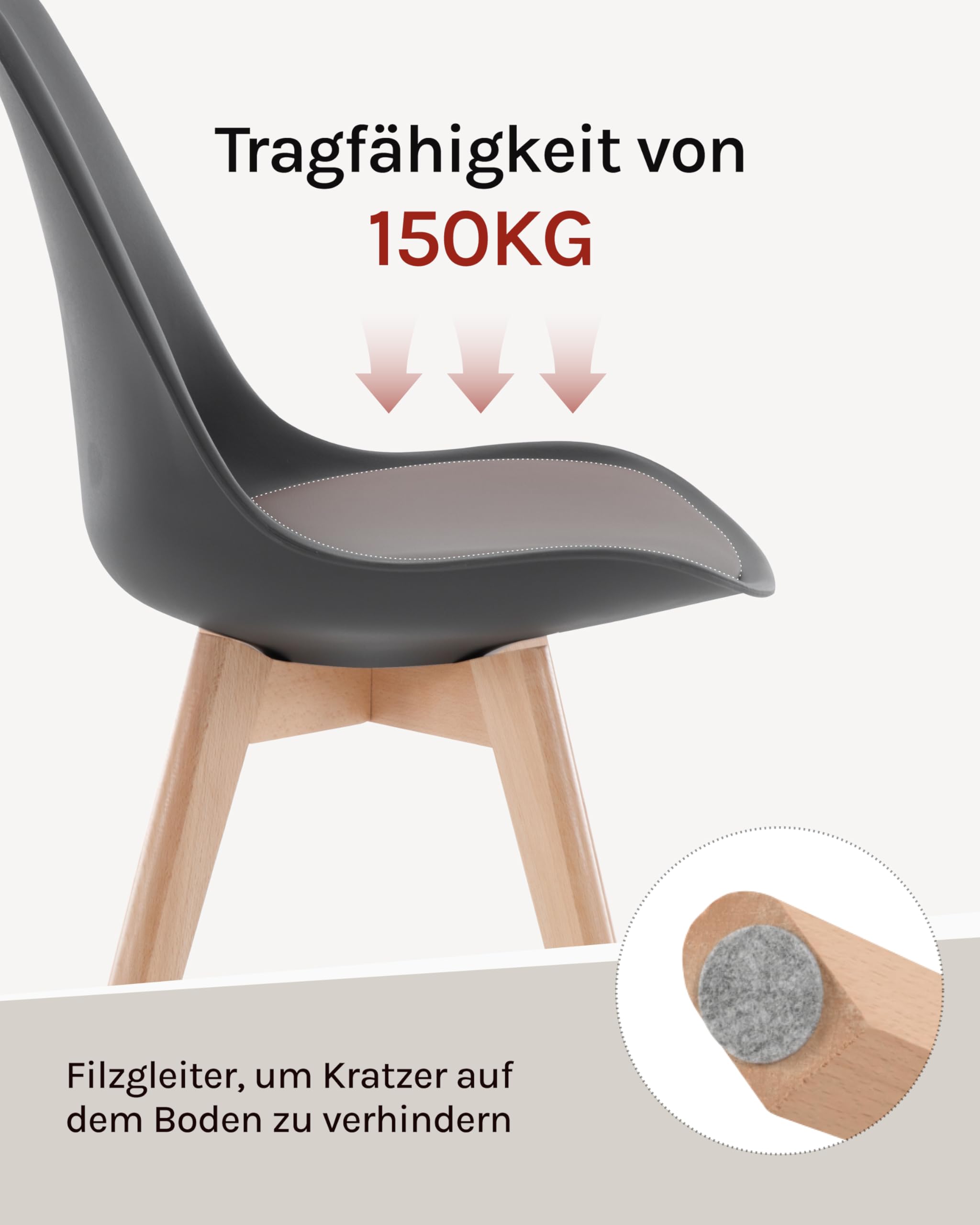 WOLTU Esszimmerstühle 4er Set, Skandinavische Küchenstühle Retro Design, Sitzfläche aus Kunstleder, mit Massivholz Beinen, bis 150 kg belastbar, Grau