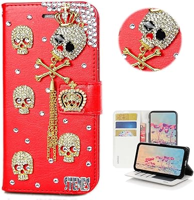 STENES Bling Wallet Phone Case Compatible with Nokia G400 5G Case - Stylish - 3D Handmade Crown Skull Tassel Pendant Magnetic Wallet Stand Girls Women Leather Cover - Red
