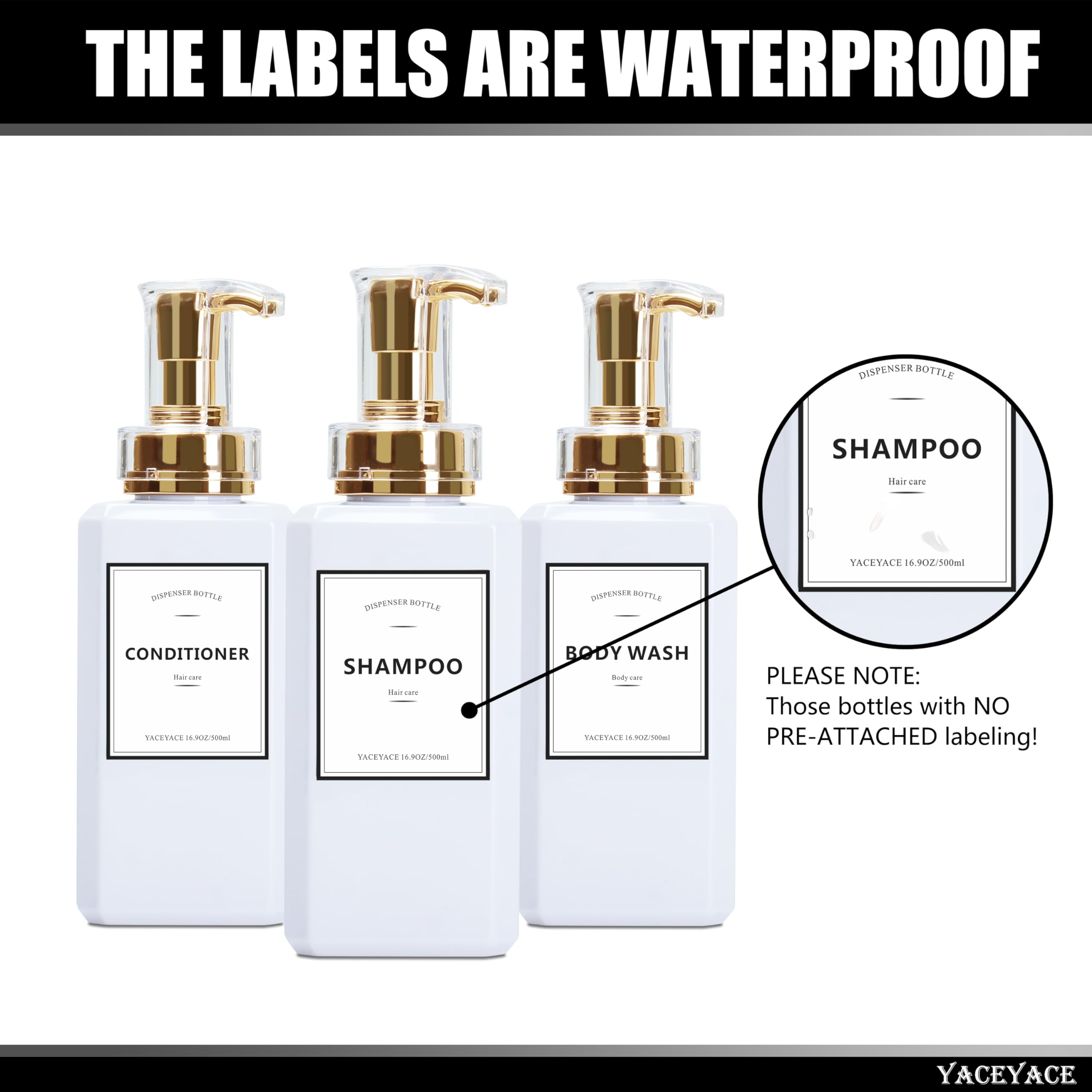 White Shampoo and Conditioner Dispenser with Gold Pump YACEYACE 16.9oz Set of 3 Empty Shower Bottles, Elegant Boutique Shampoo Dispenser for Bathroom, Lotion Conditioner, Body Wash Soap