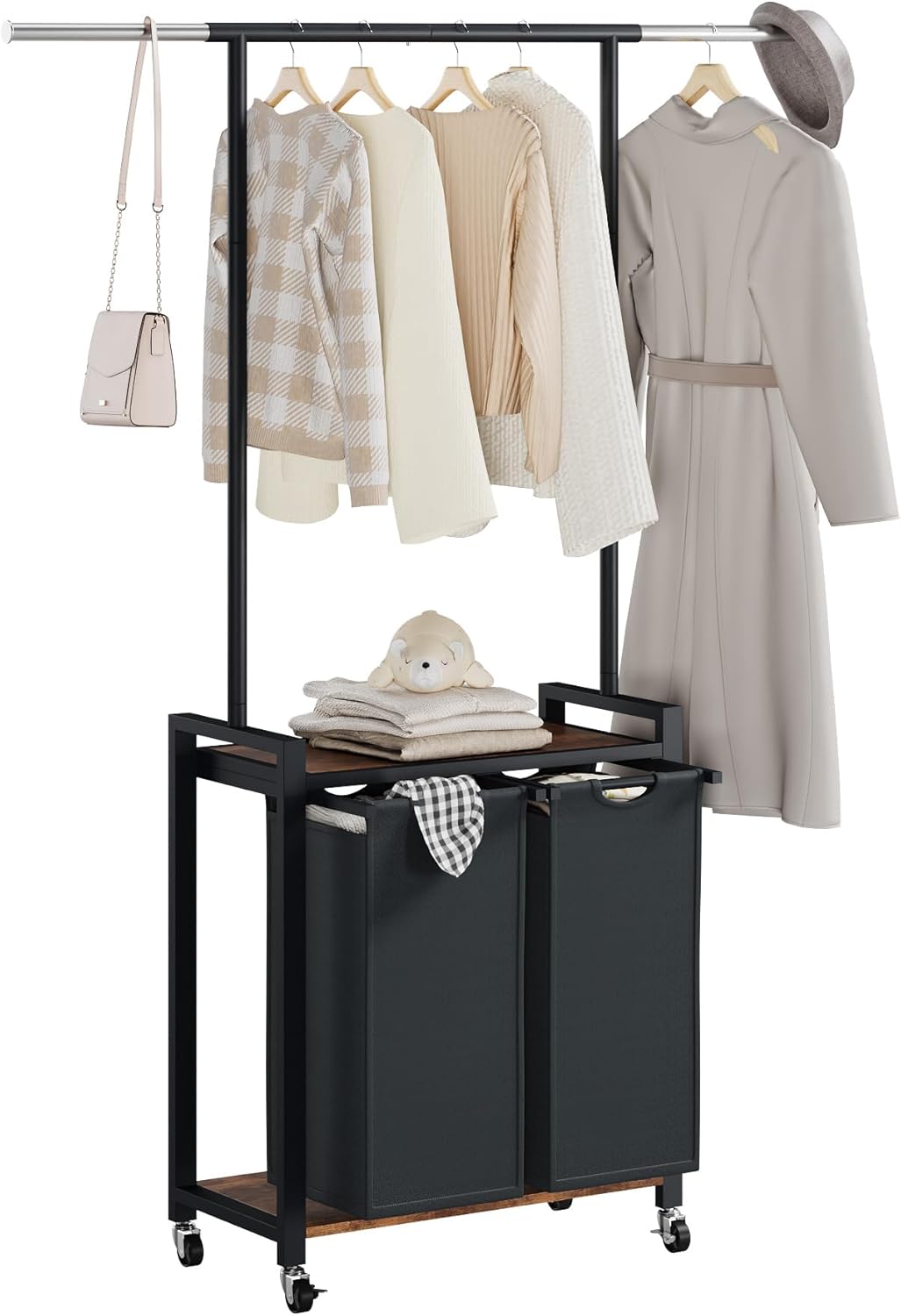 Laundry Basket Organizer, 2 Section Laundry Sorter with Lockable Wheels, Rolling Laundry Hamper with Hanging Rack & Shelf, Folding Station for Laundry Room, Bedroom, Bathroom, Dorm, Closet Storage