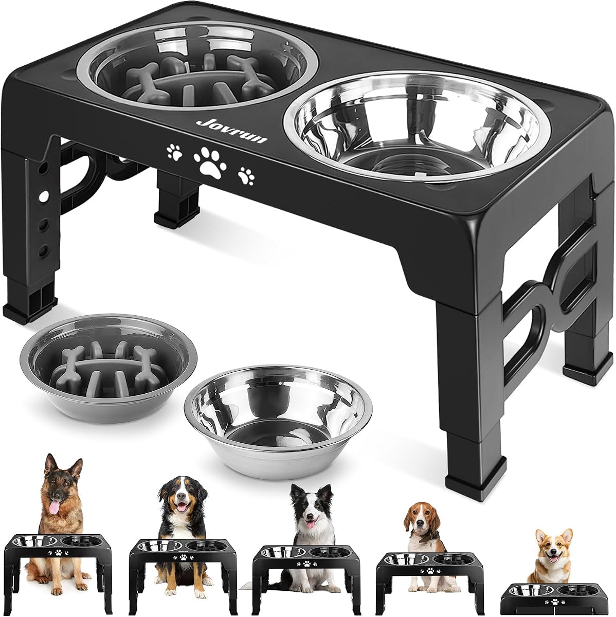 Jovrun Cuencos elevados para perros de tamaño mediano y grande, comedero antideslizante para perros con 1 * platos de acero inoxidable y 1 * cuenco de alimentación lenta, 5 cuencos elevados ajustables en altura de 3,15 ″ -8,66 ″ -9,84 ″ -11,02 ″ -12,2 ″