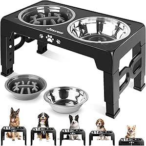 Jovrun Elevated Dog Bowls for Medium and Large Dogs, Adjustable Raised Stand with Stainless Steel and Slow Feeder Bowls