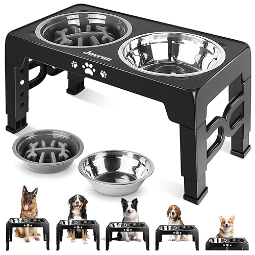 Jovrun Elevated Dog Bowls, Dog Feeder with Stainless Steel Dishes & Slow Feeder Bowl, 5 Heights Adjustable Raised Stand for Medium Large, Food Dishes with Non-Slip Feet