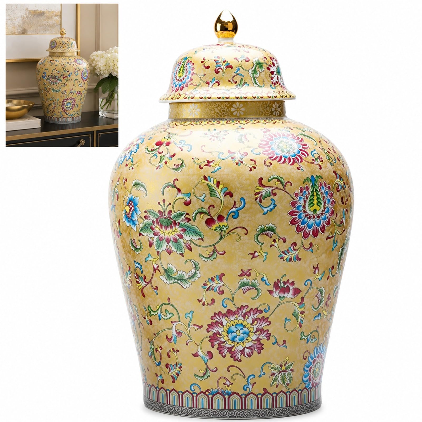 TJKK Ginger Jar Chinese Enamel Porcelain Vase With Lid Decorative Ceramic Temple Jars Cans (gold,21.5 * 38cm)