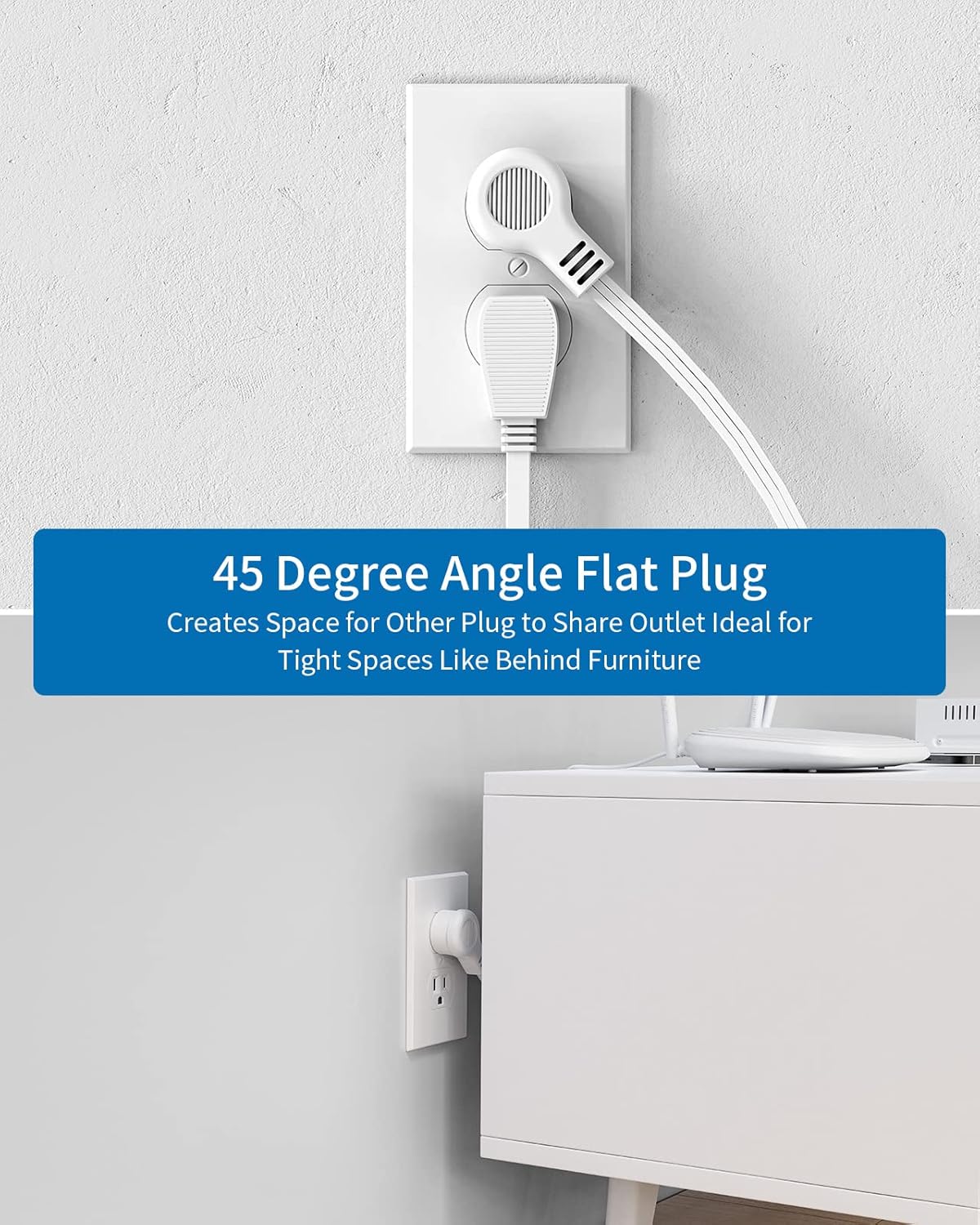 Long Extension Cord 15 ft, NTONPOWER Ultra Thin Flat Extension Cord Under Carpet, Rug, Door, Wall Mount Power Strip Flat Plug with 4 Outlets 2 USB, Overload Protection for Home Office Indoor, White