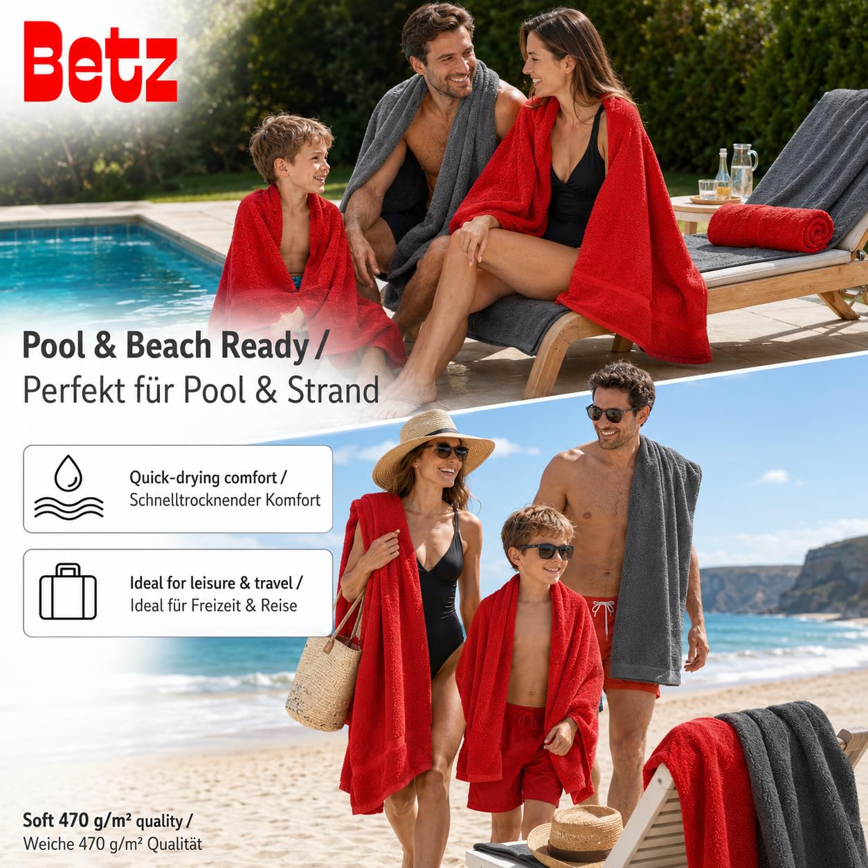 Betz Premium Frottier Handtuch-Set 10-teilig - 2X Duschtücher - 4X Handtücher - 2X Gästetücher - 2X Seiftücher - 2X Waschhandschuhe - Farbe Rot & Anthrazit