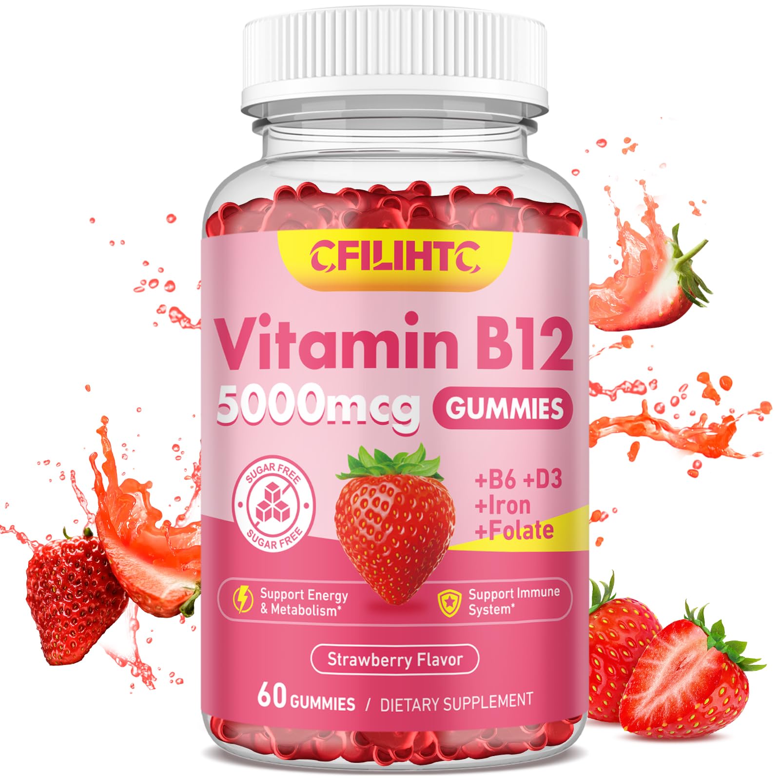 Vitamin B12 Gummies for Women & Men, 5000mcg Methyl B12 Gummies with Vitamin B6, D3, Iron, Folate for Adults, Supports Energy & Metabolism Boost, Mood, Immune & Nervous System, Sugar Free Strawberry Strawberry 60 Count (Pack of 1)