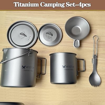 750ml/420ml Ultralight Titanium Pot Coffee Tea Mug Combo With Lid Spork,Tea Infuser, Nestable Camping Set With Foldable Handle For Backpacking, Hiking Mountaineering