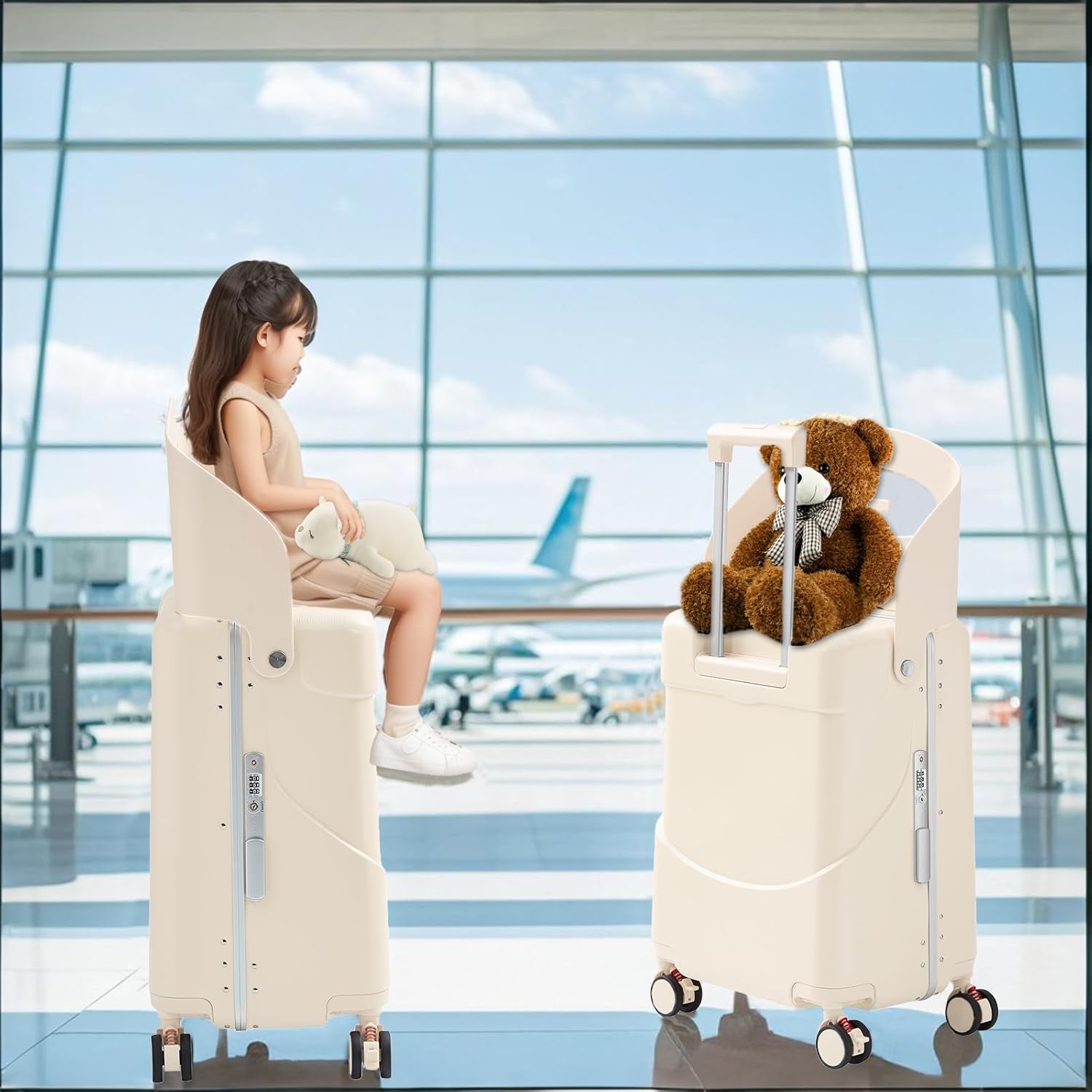 TABU 20" Ride-on Luggage with Foldable Seat，Carry-On Hardshell Ride On Suitcase with TSA Lock and 360° Lockable Spinner, for Kids & Adults, Beige