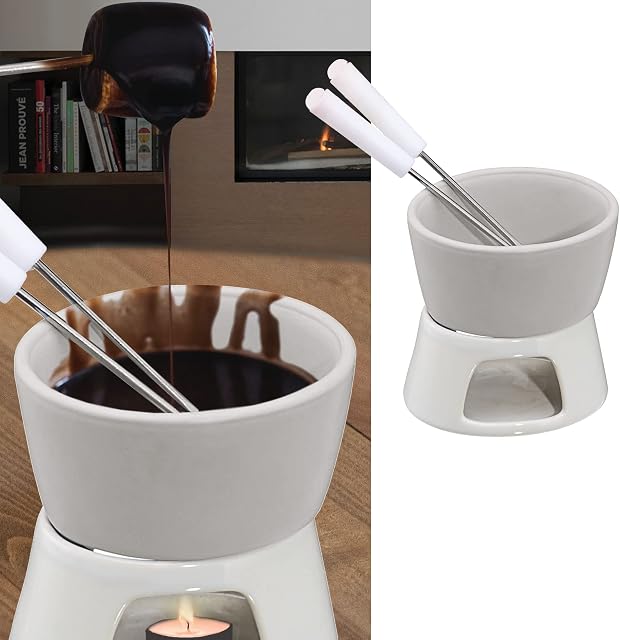 Cepewa 1 x ceramic chocolate fondue set fondue white including 2 stainless steel forks (1 x chocolate fondue set)