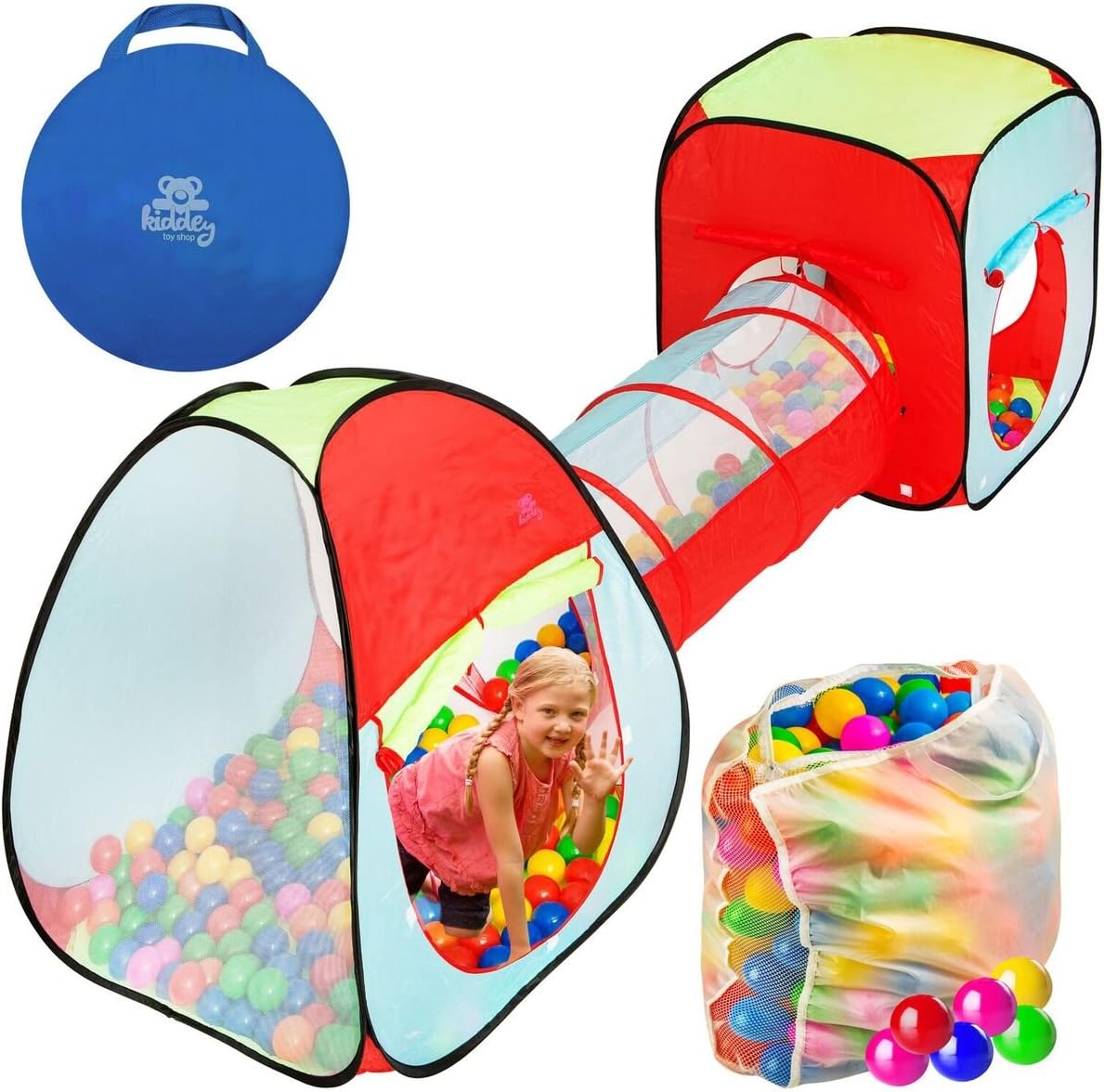 Kiddey Children’s Dual Play Tent with Tunnel (3-Piece Set) – Indoor/Outdoor Playhouse for Boys and Girls – Lightweight, Easy to Setup (3 Pc. Tent with 200 Balls)