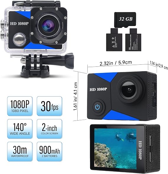 Action Camera 1080P Sports Camera 16GB Memory Card Action Cam 131ft Underwater Waterproof with 2 X Batteries with Accessories Kit Suitable for Helmet, Bicycle, etc.