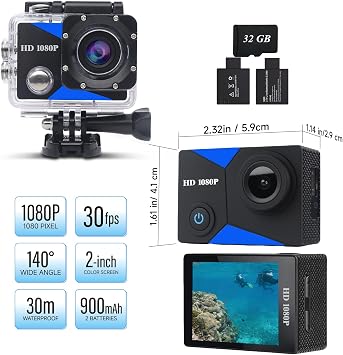 Action Camera 1080P Sports Camera 16GB Memory Card Action Cam 131ft Underwater Waterproof with 2 X Batteries with Accessories Kit Suitable for Helmet, Bicycle, etc.