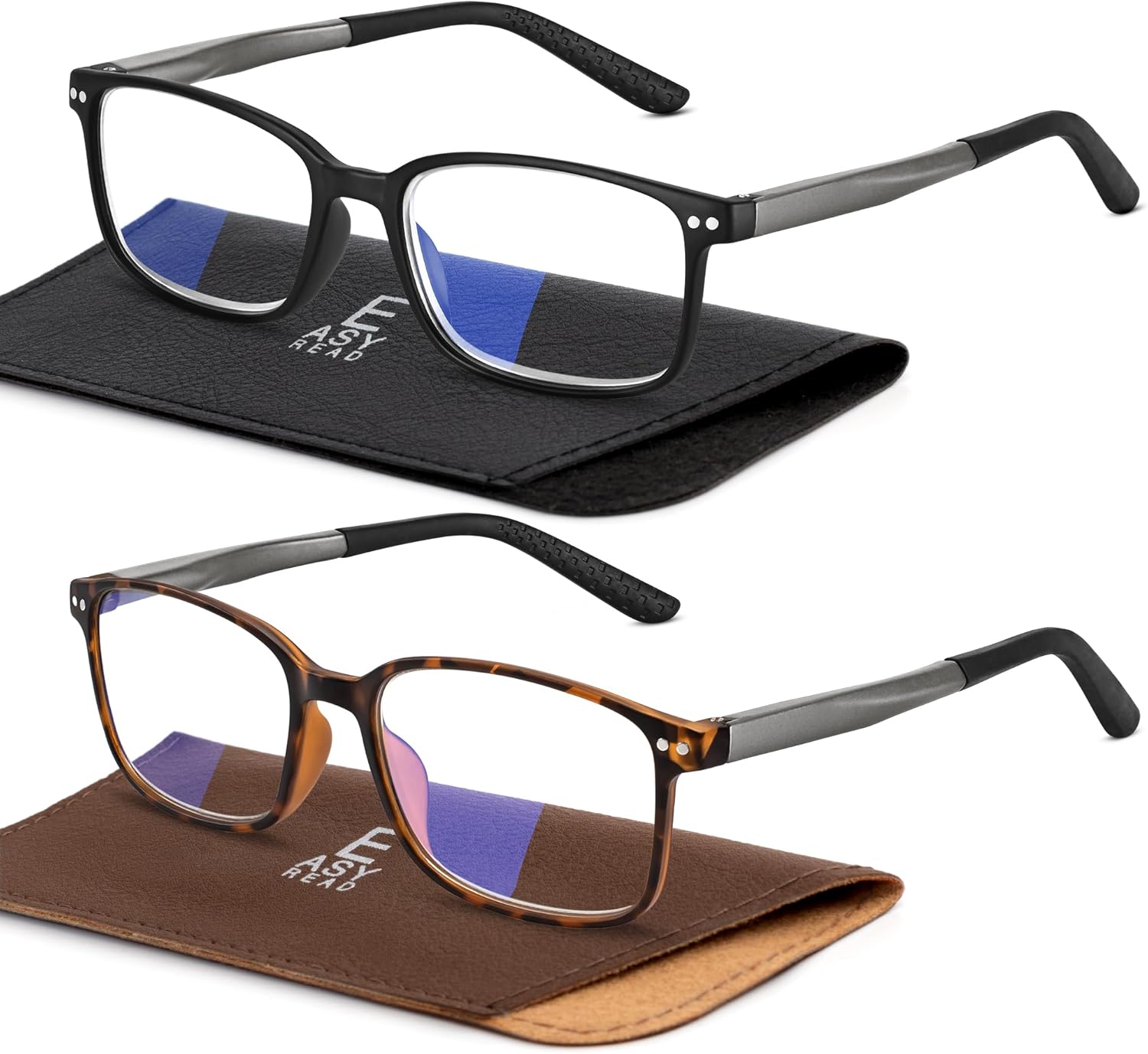 EASY READ 2 Pairs Sporty Style Reading Glasses for Men,Rectangular TR90 Blue Light Blocking Readers with Spring Hinge