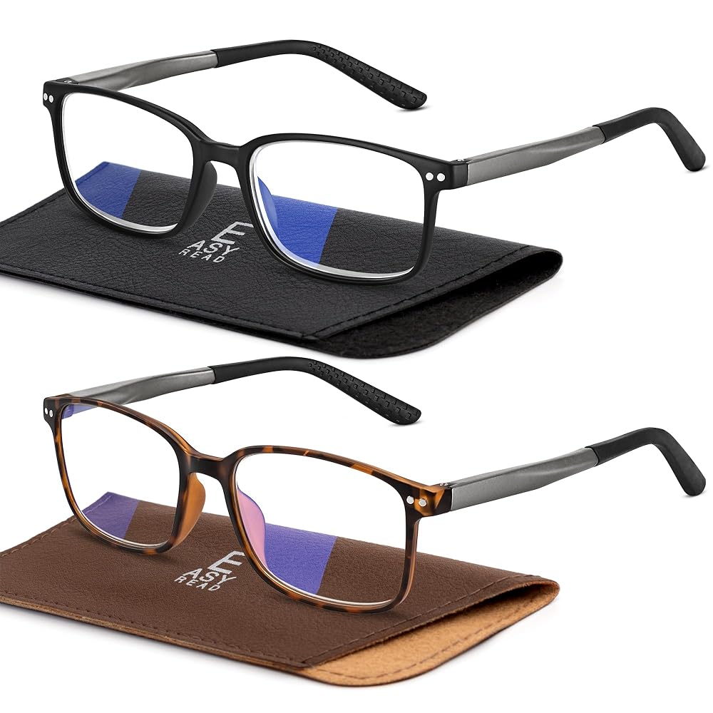 EASY READ 2 Pairs Sporty Style Reading Glasses for MenRectangular TR90 Blue Light Blocking Readers with Spring Hinge(Magnification 1.50,Black/Tortoise)