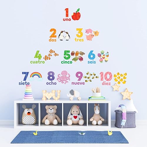 Miniatura 5 de DECOWALL DS-2020ES Calcomanías de pared con números españoles e ingleses, adhesivos de pared extraíbles para niños, guardería, dormitorio, sala de