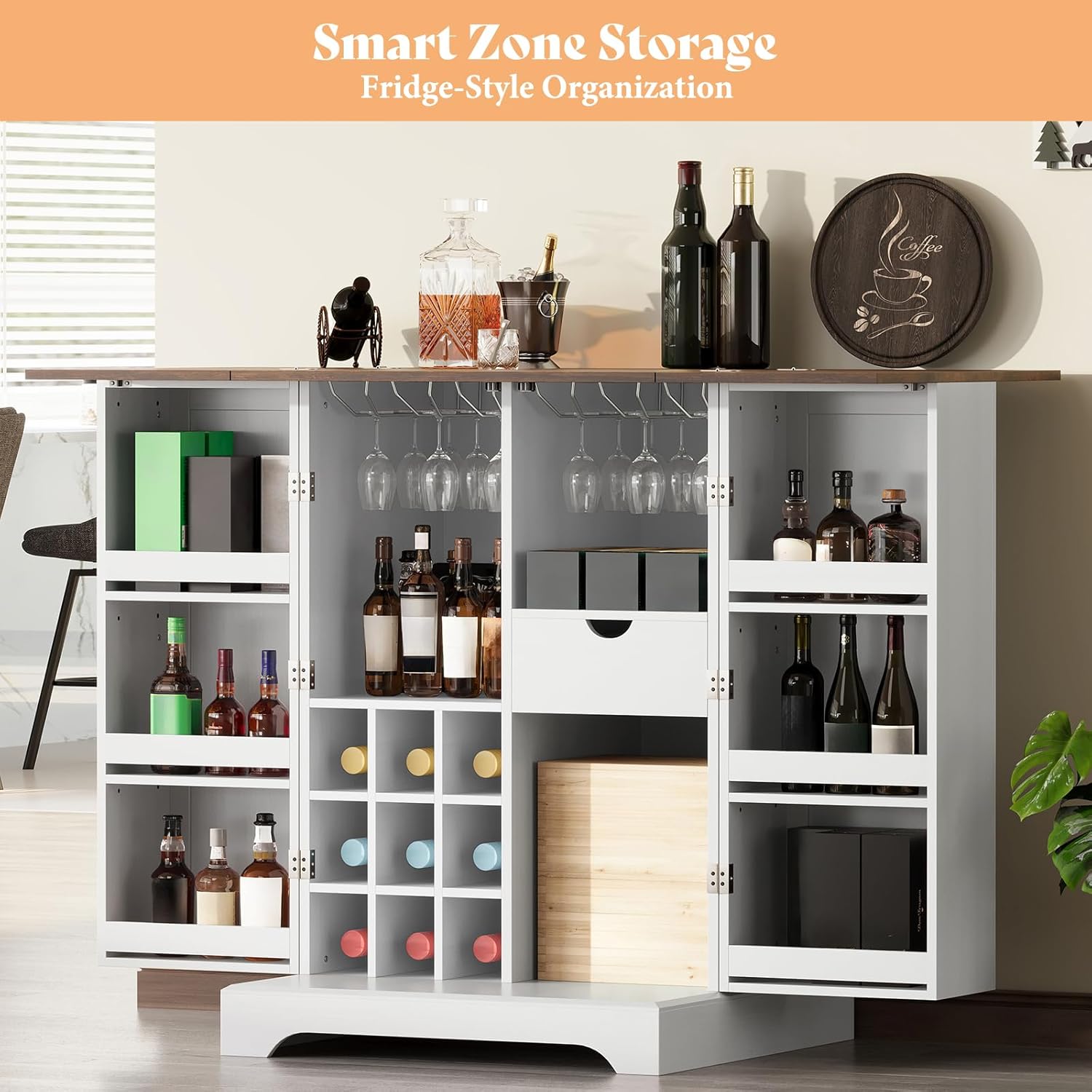 AMERLIFE 61" Farmhouse Bar Cabinet with 9 Wine Racks, Folding Storage Wine Liquor Cabinet, Expandable Coffee Bar Station with Drawer, Mini Bar, Home Bar for Kitchen Dining Room, Rustic White