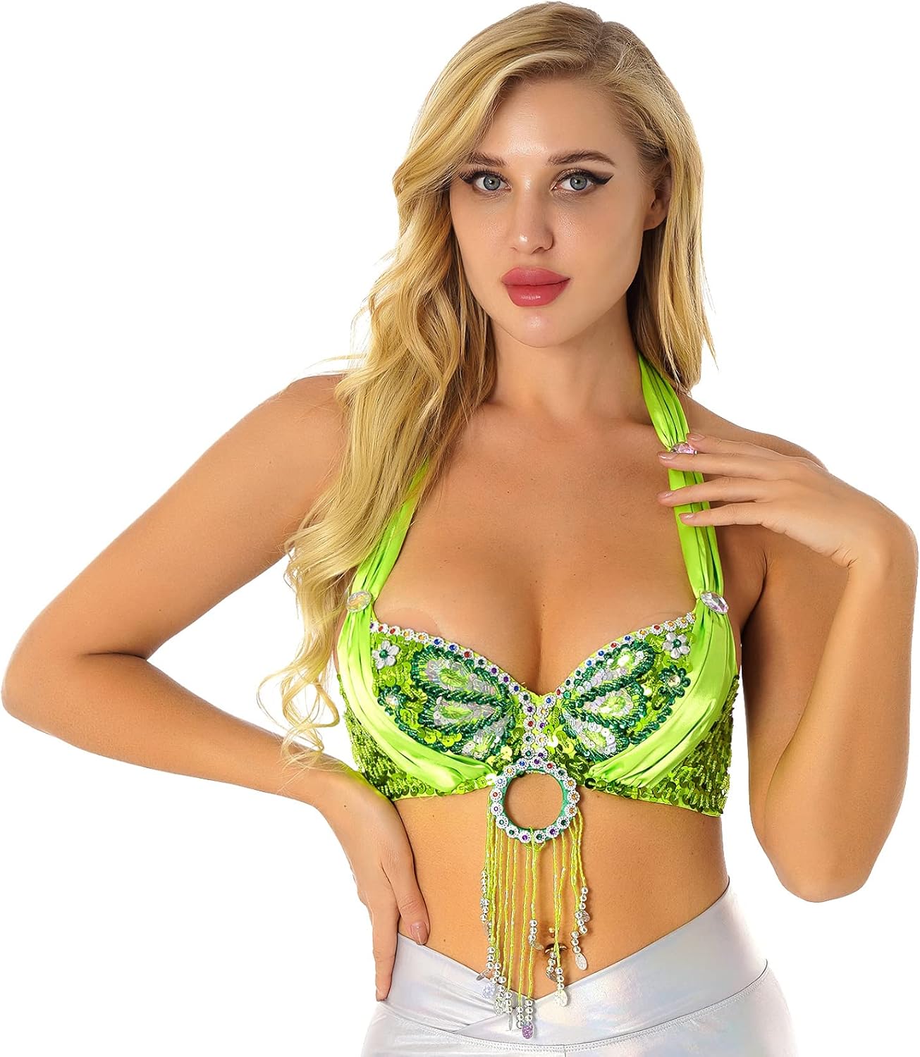 Women Sexy Belly Dance Top Sequin Beading Tribal Bra Rave Festival Bralette Halter Crop Top